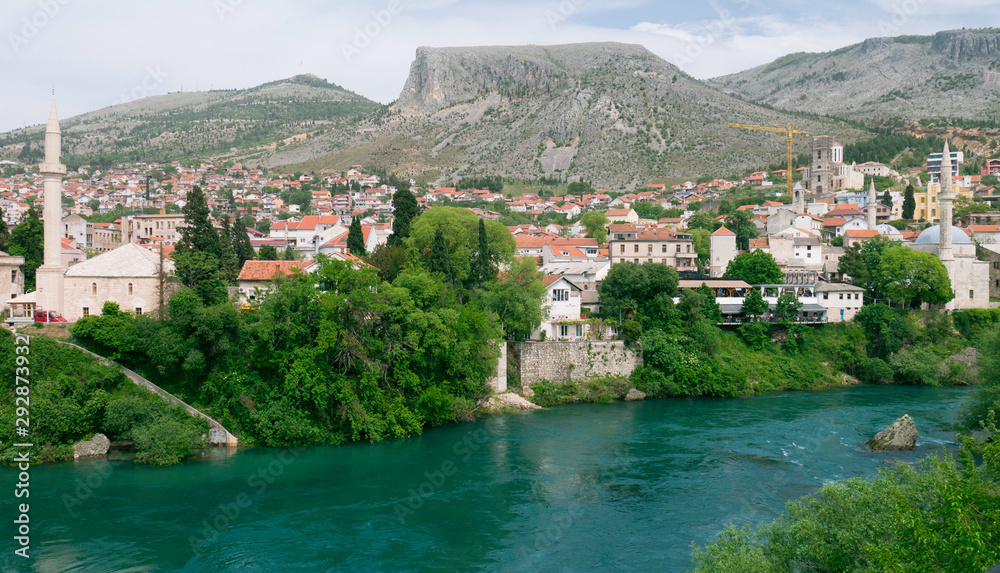 Beautiful view on Mostar city with Neretva river and architecture in Bosnia and Herzegovina