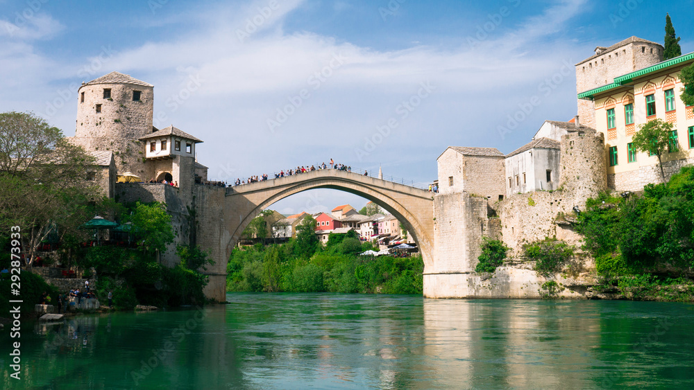 April 2019, Old town of Mostar, Bosnia and Herzegovina, with Stari Most bridge, Neretva river 