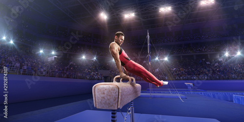 Obraz na plátně Male athlete doing a complicated exciting trick on a Pommel horse in a professional gym