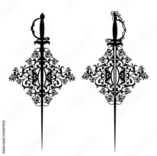 elegant court sword among rose flowers ornament - heraldic fencing emblem black and white vector design