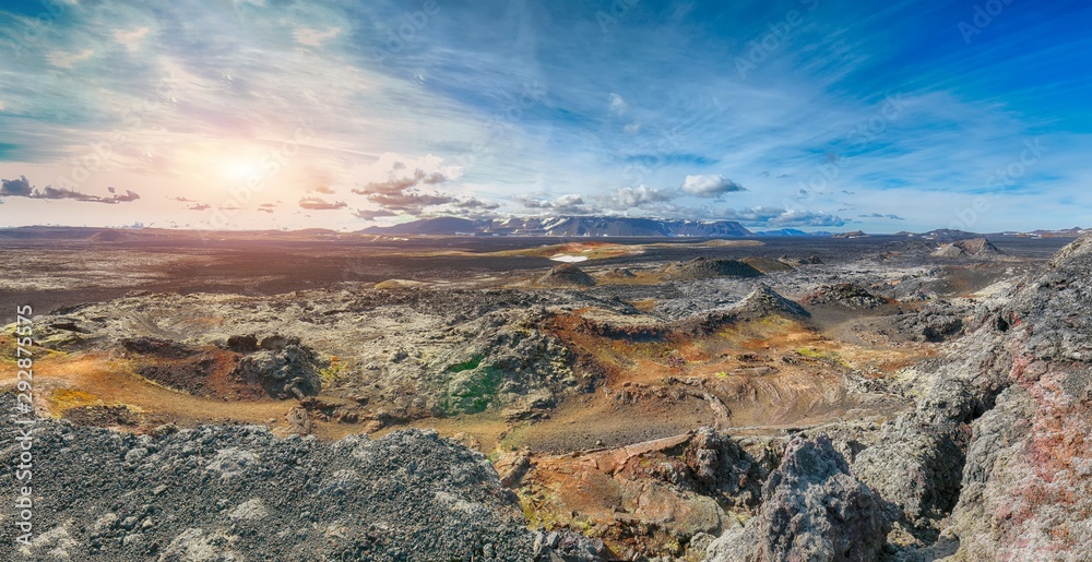 Frozen lavas field in the geothermal valley Leirhnjukur, near Krafla volcano. - obrazy, fototapety, plakaty 