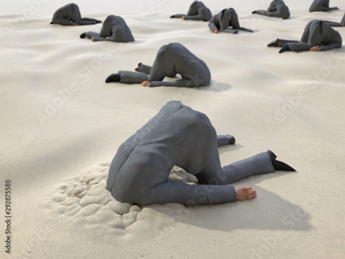 group of businessmen hides their heads in the sand photo