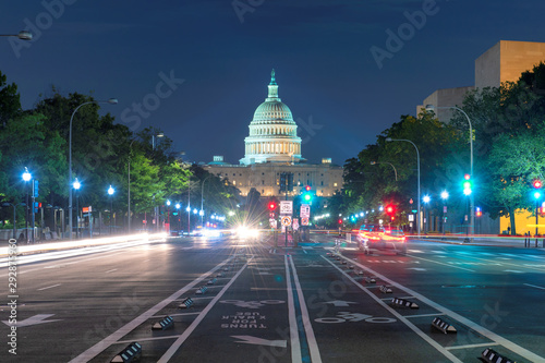 Washington D.C at night. Night view of Capitol Building from Pennsylvania Avenue, Washington D.C., USA