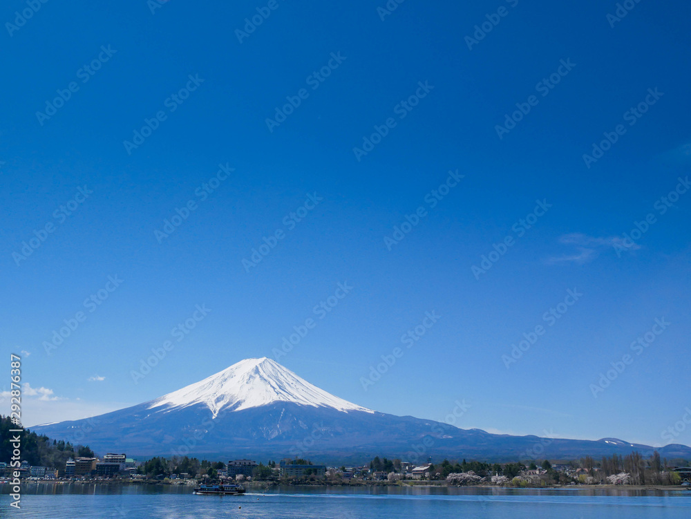 Natural landscape view of the Kawaguchi Lake with mount Fuji-the most beautiful vocano in Japan