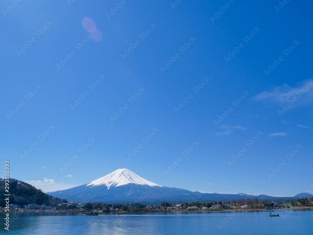 Natural landscape view of the Kawaguchi Lake with mount Fuji-the most beautiful vocano in Japan
