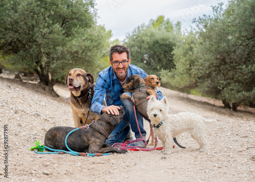Photography Professional dog walker having fun and caring for his customers a pack of cute d
