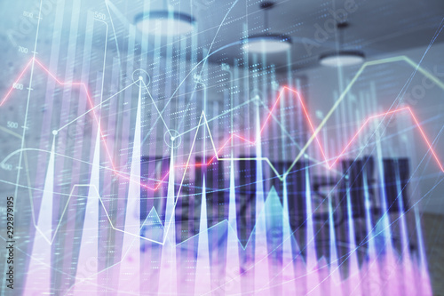 Multi exposure of stock market graph on conference room background. Concept of financial analysis