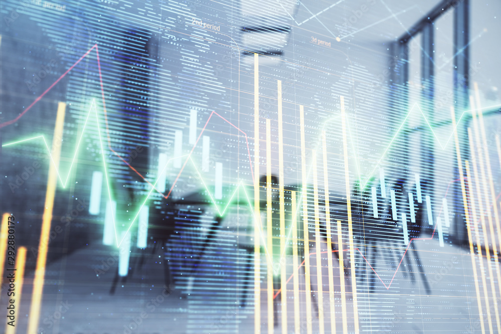 Double exposure of stock market graph with globe hologram on conference room background. Concept of international finance Double exposure of stock market graph with globe hologram on conference room background. Concept of international finance