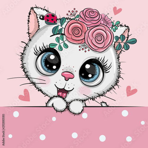 Cartoon white Kitten with flowerson a pink background