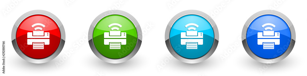 Printer silver metallic glossy icons, red, set of modern design buttons for web, internet and mobile applications in four colors options isolated on white background Printer silver metallic glossy icons, red, set of modern design buttons for web, internet and mobile applications in four colors options isolated on white background