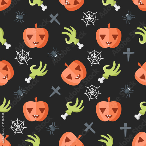 Halloween seamless pattern with pumpkin, rotten hand, web, spider on dark background