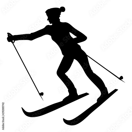 Silhouette of a female skier, black isolated vector object on white background