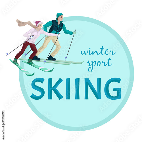 Inscription Winter Sport Skiing and illustration of a man and a woman skiing