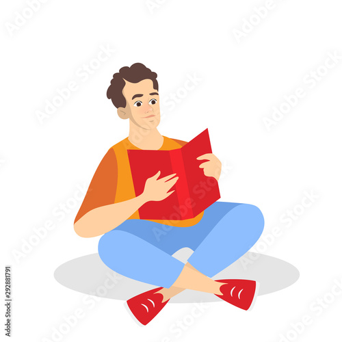 Young man sitting and reading book concept