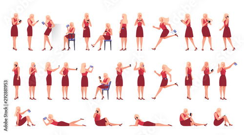 Woman with mobile phone set. Collection of female character
