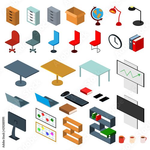Isometric office furniture and accessories illustration. Flat vector objects isolated on white background. Work space concept.