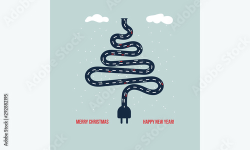 Square Christmas card inspired by a plug-in electric automobile industry. Vector illustration.