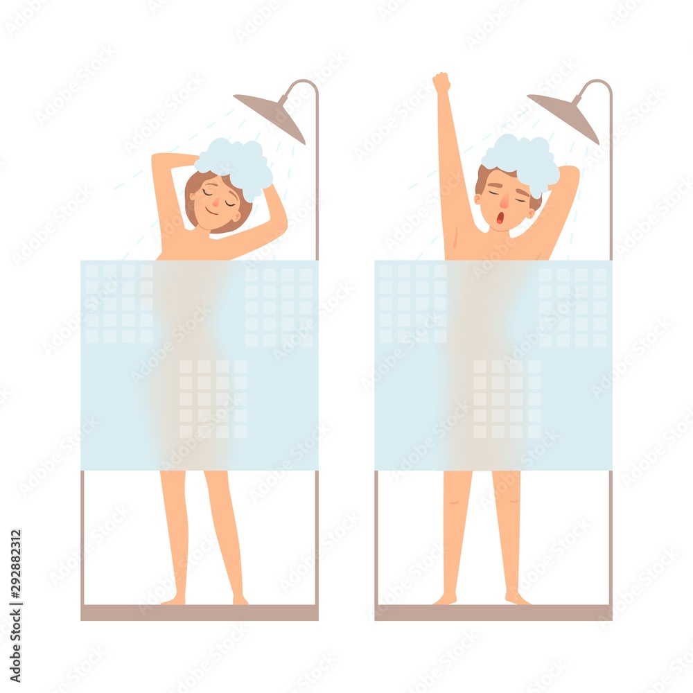 Man and woman take a shower. Hygiene vector concept. People in bathroom