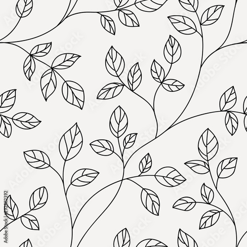 Seamless pattern with leaves.Background with twigs of tree. Hand drawn line sketch. Vector illustration