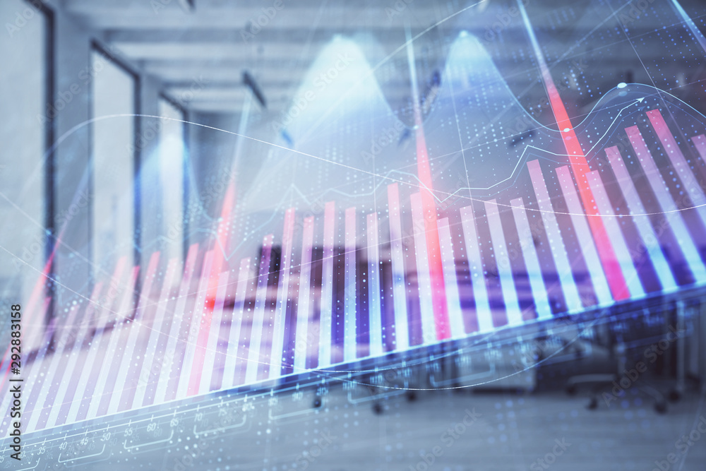 Stock and bond market graph with trading desk bank office interior on background. Multi exposure. Concept of financial analysis Stock and bond market graph with trading desk bank office interior on background. Multi exposure. Concept of financial analysis
