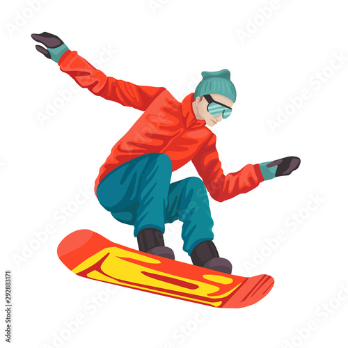 Guy snowboarder jumping with snowboard. Vector illustration