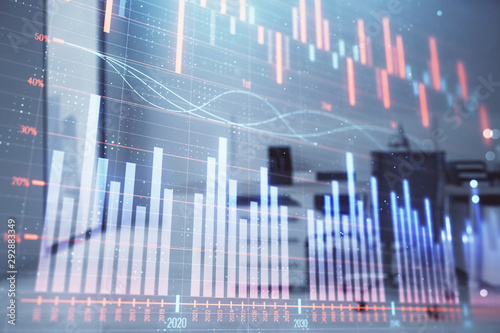 Stock market chart with trading desk bank office interior on background. Double exposure. Concept of financial analysis