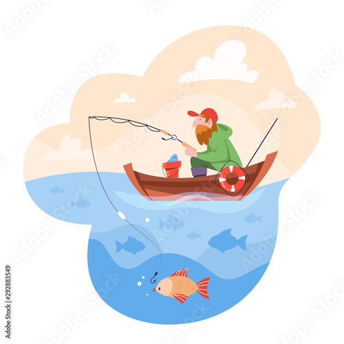 Bearded fisherman sitting in the boat and fishing