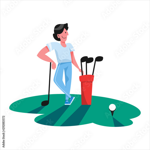 Man play golf. Person holding club and ball.