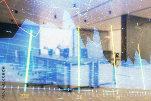 Stock market chart with trading desk bank office interior on background. Double exposure. Concept of financial analysis