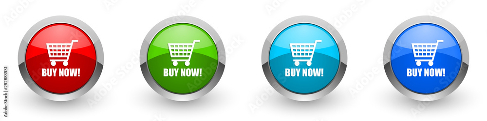 Buy now silver metallic glossy icons, red, set of modern design buttons for web, internet and mobile applications in four colors options isolated on white background Buy now silver metallic glossy icons, red, set of modern design buttons for web, internet and mobile applications in four colors options isolated on white background