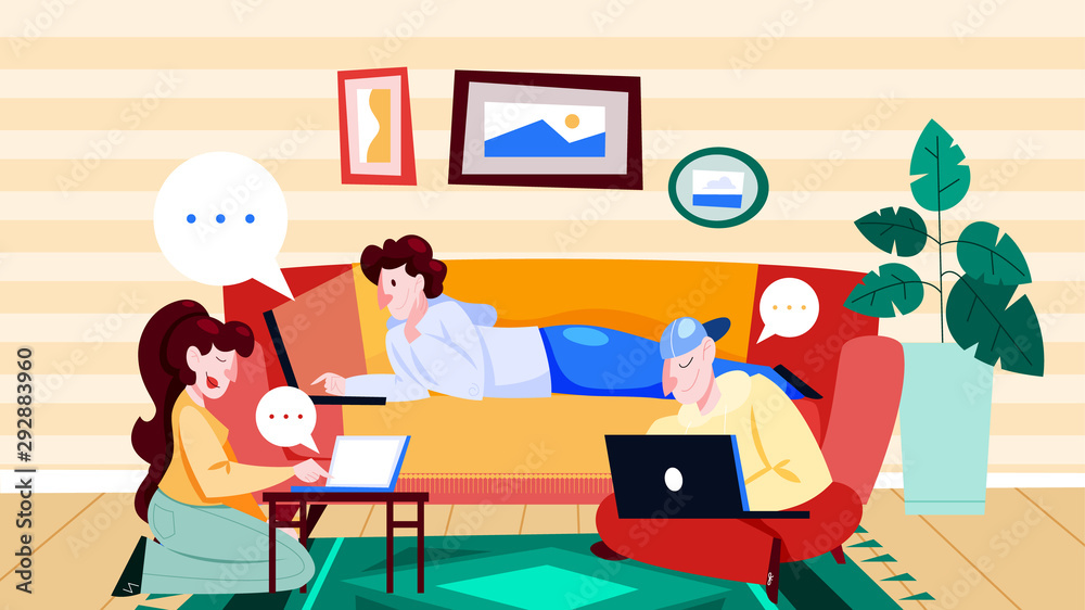 People with laptop computer at home. Character working People with laptop computer at home. Character working