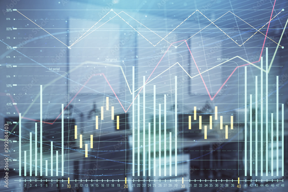 Stock market chart with trading desk bank office interior on background. Double exposure. Concept of financial analysis Stock market chart with trading desk bank office interior on background. Double exposure. Concept of financial analysis