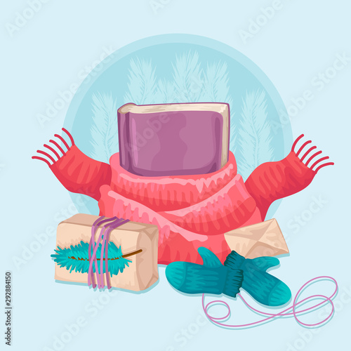 The book in a cozy scarf, mittens and gifts, a winter lovely illustration in gentle tones. Vector drawing