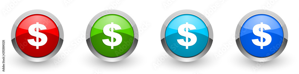 Dollar silver metallic glossy icons, red, set of modern design buttons for web, internet and mobile applications in four colors options isolated on white background Dollar silver metallic glossy icons, red, set of modern design buttons for web, internet and mobile applications in four colors options isolated on white background