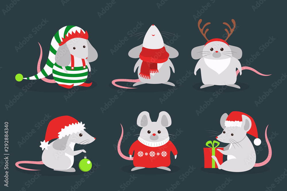 Cute christmas rat set. Animal character in Santa Claus hat.