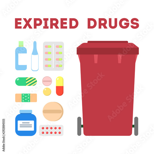 Expired drugs garbage. Trash container for medicine pills only