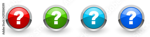 Question mark silver metallic glossy icons, red, set of modern design buttons for web, internet and mobile applications in four colors options isolated on white background