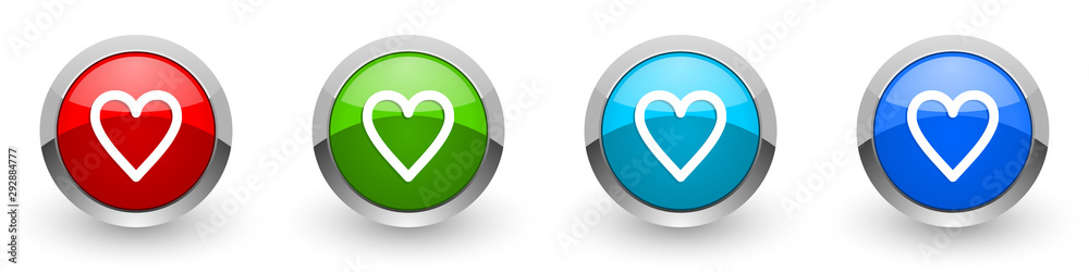 Heart silver metallic glossy icons, red, set of modern design buttons for web, internet and mobile applications in four colors options isolated on white background Heart silver metallic glossy icons, red, set of modern design buttons for web, internet and mobile applications in four colors options isolated on white background
