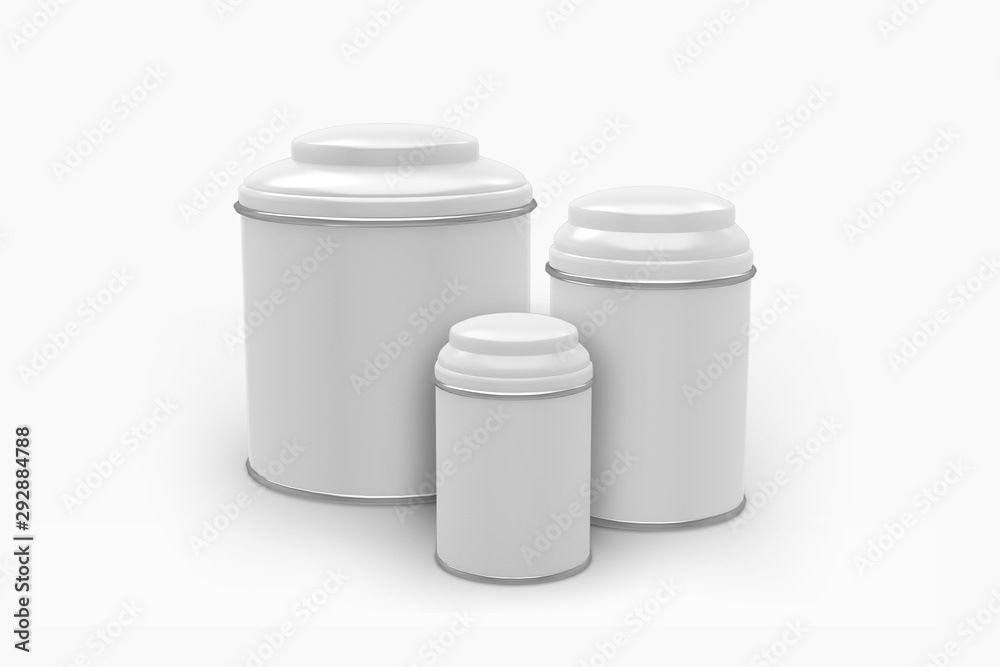 3D illustrator Square metal tin packaging for tea, coffee, dry products 3D illustrator Square metal tin packaging for tea, coffee, dry products