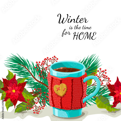 Christmas morning a breakfast with hot drinks coffee or tea in cafe, restaurant, the invitation and design a banner Christmas vacation