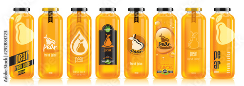 Vector pear juice, glass fruit bottle set