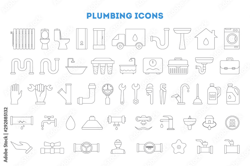 Plumbing icon set. Collection of plumber tool, shower