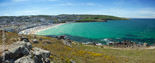 Panoramic view of Porthmeor beach, St Ives in Cornwall, England
