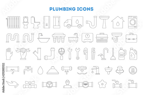 Plumbing icon set. Collection of plumber tool, shower