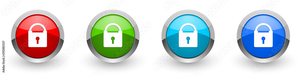 Padlock silver metallic glossy icons, red, set of modern design buttons for web, internet and mobile applications in four colors options isolated on white background Padlock silver metallic glossy icons, red, set of modern design buttons for web, internet and mobile applications in four colors options isolated on white background