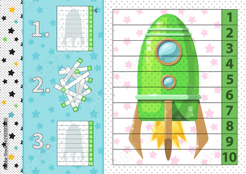 Counting number puzzle with cartoon rocket. From 1 to 10. Cut and assemble.