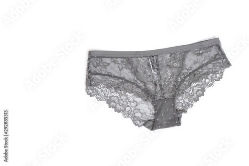 Beautiful lace lingerie on a white isolated background. Gray underpants, classic.