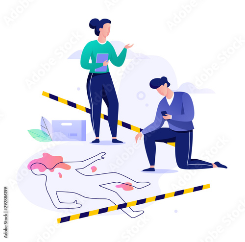 Crime scene concept. Detective making investigation, police