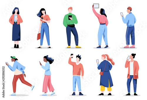 Woman with mobile phone set. Collection of female character