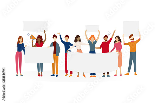 People hold banner. Group of character with blank